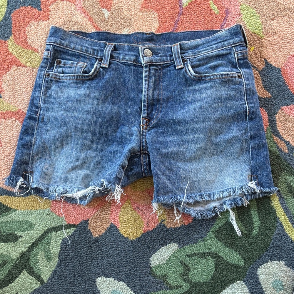 7 For All Mankind Blue Frayed Jean Shorts